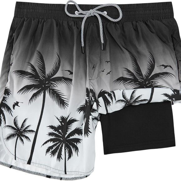 Mens Swim Trunks with Compression Liner 5" Stretch Board Shorts Quick Dry Zipper